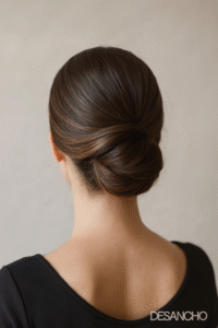 Peinado recogido bajo elegante con acabado pulido, estilo Desancho Estilistas.