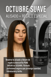 Modelo con melena lisa en fondo de salón Desancho Estilistas, imagen promocional de tratamiento de alisado con mascarilla de regalo en octubre