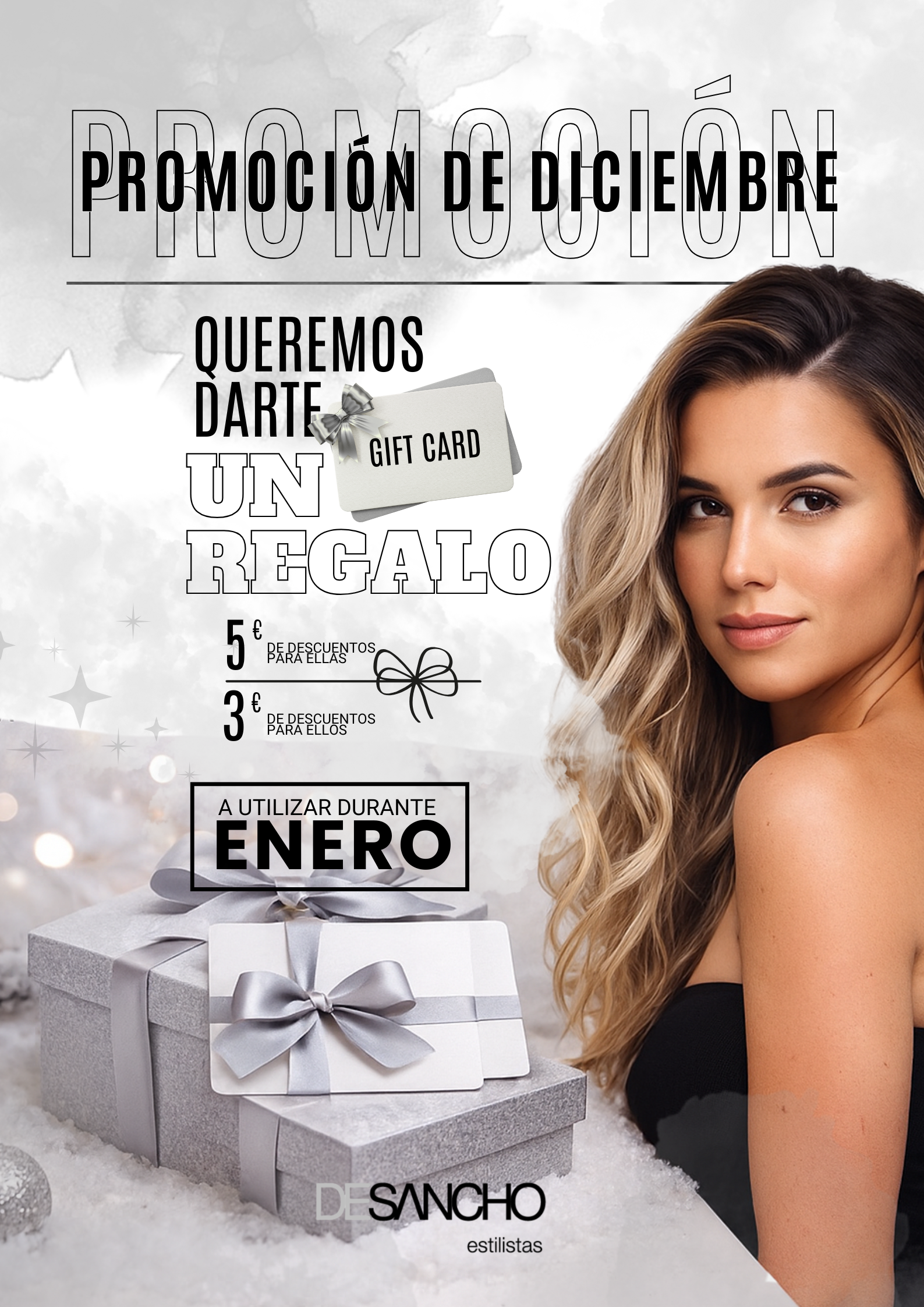 Promoción de diciembre en peluquería Desancho Estilistas con regalo de descuento para hombres y mujeres